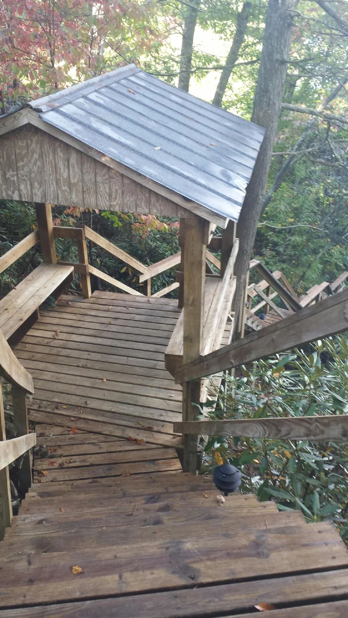 Metal roofed shelter over wooden steps on a wooded walkway — Skylight Repair & Installation work by our crew in Cocoa Beach